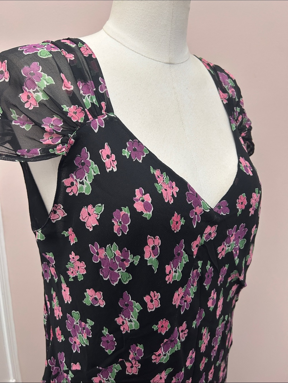 VTG Silk Chiffon Midi Dress with Pink & Green Floral Print bias-cut 16W - Picture 12 of 16